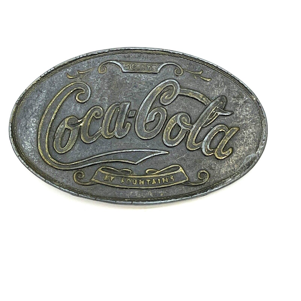 Coca-Cola Brass Oval Belt Buckle 4" x‎ 2-1/2" Says: "5 cents, at Fountains"